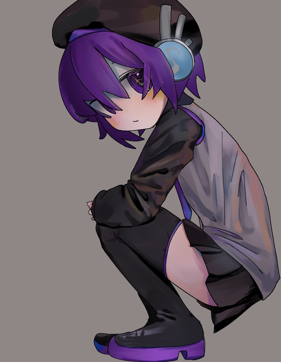 1girl arms_on_knees beret black_headwear black_skirt black_sleeves blush boots closed_mouth from_side full_body grey_background grey_vest hat highres long_sleeves looking_at_viewer looking_to_the_side miniskirt musical_note pleated_skirt purple_eyes purple_hair robot_ears short_hair simple_background skirt slav_squatting solo squatting thigh_boots udon_mayo utane_uta utau vest