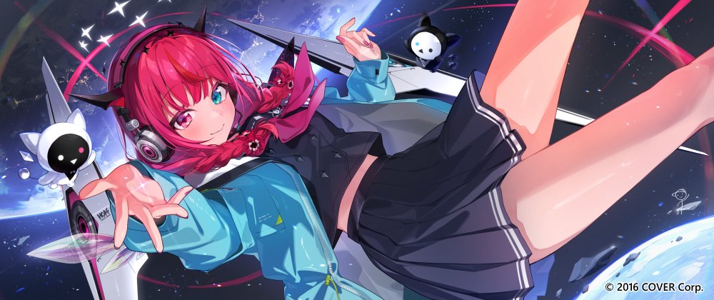 1girl aqua_jacket black_shirt black_skirt bloom_(irys) blue_jacket braid double_halo earth_(planet) feet_out_of_frame gloom_(irys) guyrys halo hololive hololive_english irys_(gaming_casual)_(hololive) irys_(hololive) jacket mechanical_wings medium_hair moon multicolored_hair open_clothes open_jacket outstretched_arm pisuke_wan planet purple_hair red_hair shirt skirt space star_halo twin_braids twintails wings