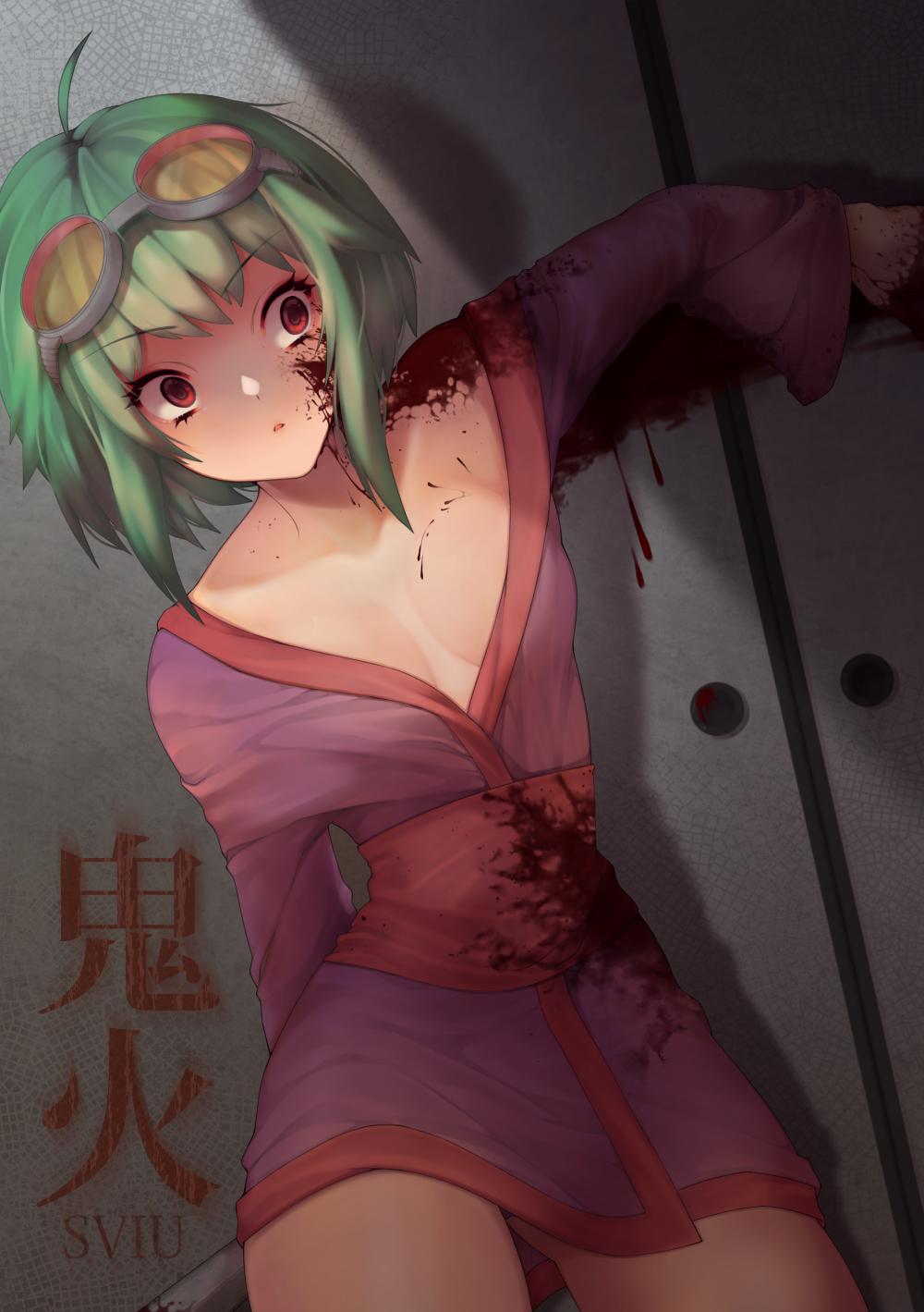 1girl ahoge artist_name blood blood_on_clothes blood_on_face blood_splatter breasts closet collarbone commentary cowboy_shot door empty_eyes english_commentary goggles goggles_on_head green_hair gumi highres holding holding_knife japanese_clothes kimono knife no_bra off_shoulder onibi_(vocaloid) parted_lips purple_kimono red_eyes shadow short_hair short_kimono sliding_doors small_breasts solo song_name sviuivs thighs tinted_eyewear vocaloid weapon wide-eyed