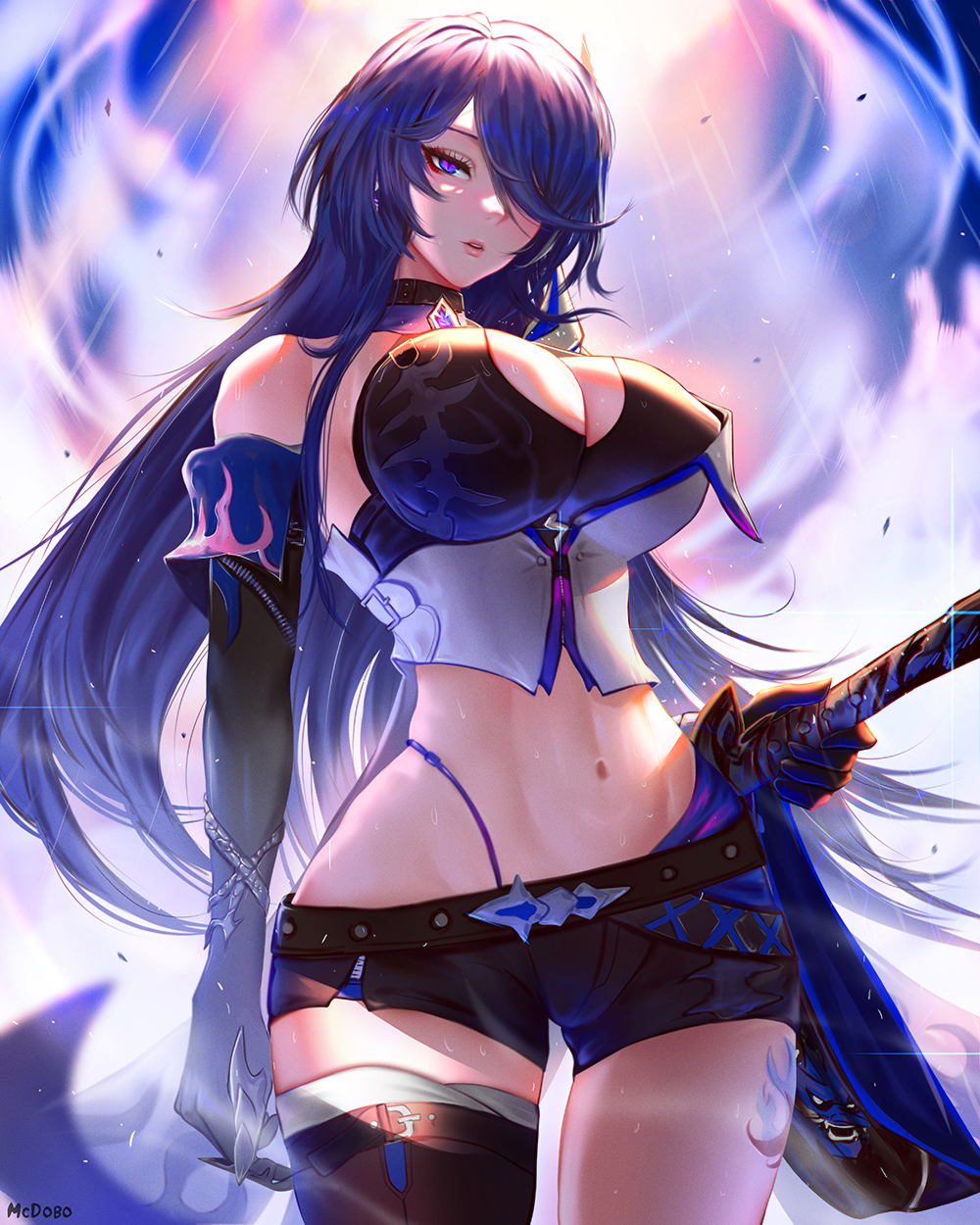 1girl acheron_(honkai:_star_rail) arms_at_sides artist_name bare_shoulders black_gloves black_shorts black_thighhighs blue_panties breasts cleavage cowboy_shot cropped_shirt cutoffs elbow_gloves gloves hair_over_one_eye hand_on_hilt highleg highleg_panties highres holding holding_sword holding_weapon honkai:_star_rail honkai_(series) huge_breasts legs_apart lips long_hair looking_at_viewer mcdobo navel one_eye_covered panties parted_lips purple_eyes purple_hair shirt short_shorts shorts sidelocks single_thighhigh solo stomach straight_hair sword thick_thighs thighhighs thighs underwear weapon white_shirt