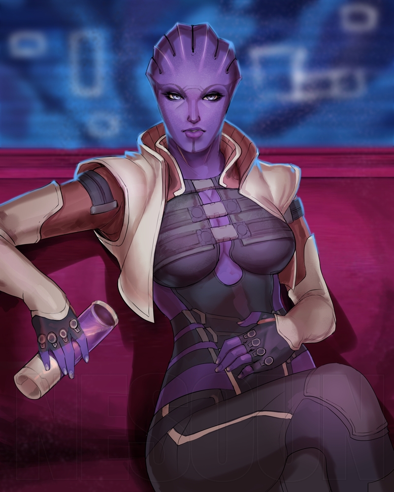 1girl alien annoyed aria_t'loak_(mass_effect) asari black_gloves blue_eyes breasts cleavage colored_skin commission cup fingerless_gloves gloves hand_on_own_stomach holding holding_cup looking_at_viewer mass_effect mass_effect_2 medium_breasts nesoun parted_lips pink_skin science_fiction sitting solo tentacle_hair