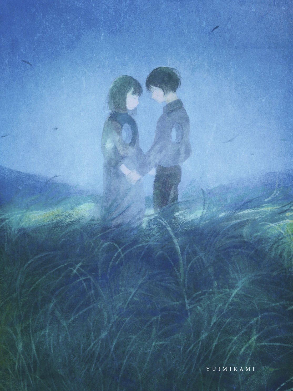 1boy 1girl artist_name black_hair black_pants bob_cut brown_hair closed_eyes day dress face-to-face falling_leaves field from_side grass grey_dress grey_shirt highres holding_hands hole_in_chest hole_on_body leaf mikami_yui nature original outdoors pants profile shirt short_hair sky standing