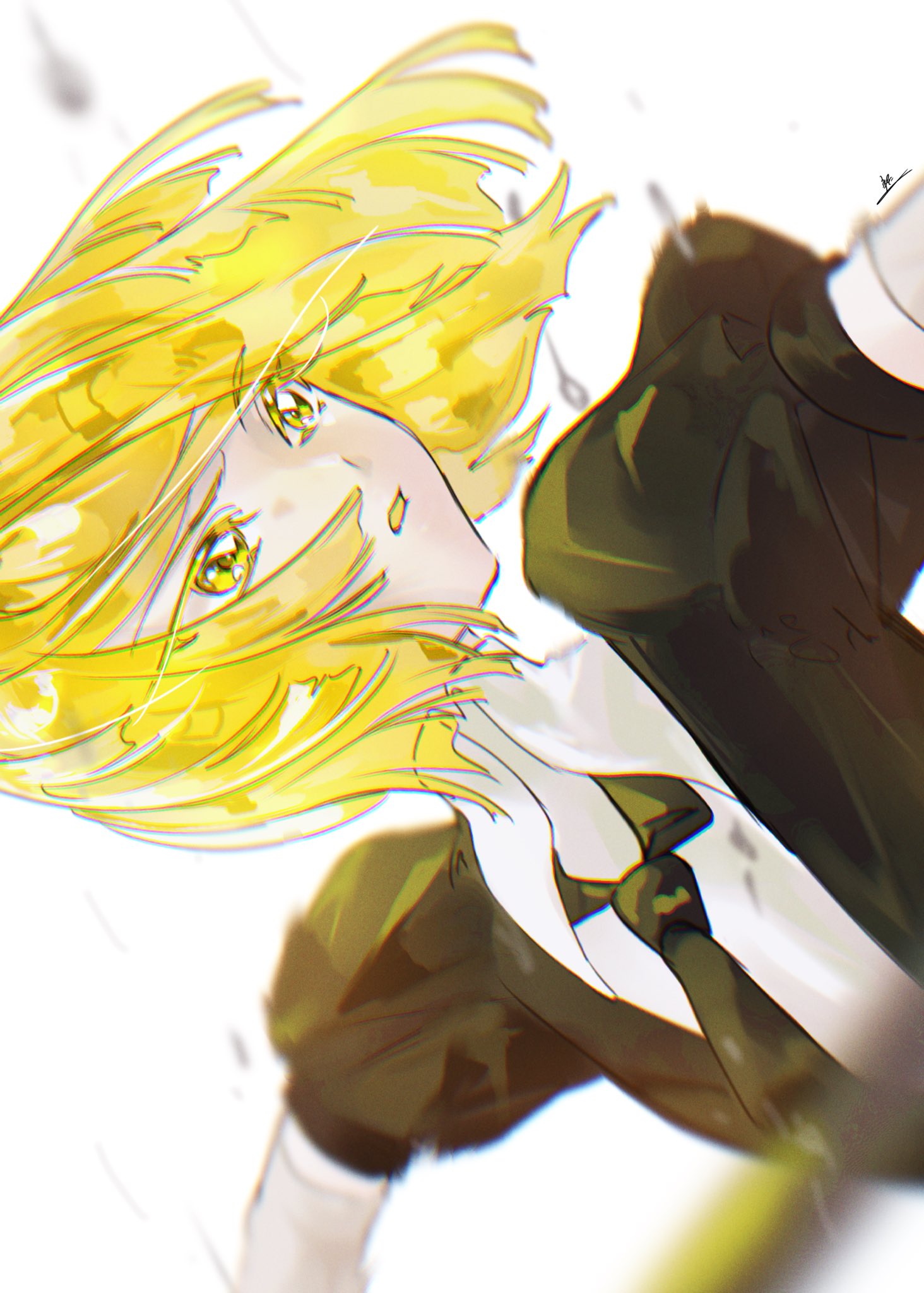1other androgynous black_necktie blurry blush crystal_hair depth_of_field floating_hair gem_uniform_(houseki_no_kuni) highres houseki_no_kuni looking_to_the_side motion_blur necktie other_focus outstretched_arms parted_lips puffy_short_sleeves puffy_sleeves rokipanda short_hair short_sleeves simple_background solo upper_body white_background yellow_diamond_(houseki_no_kuni) yellow_eyes yellow_theme