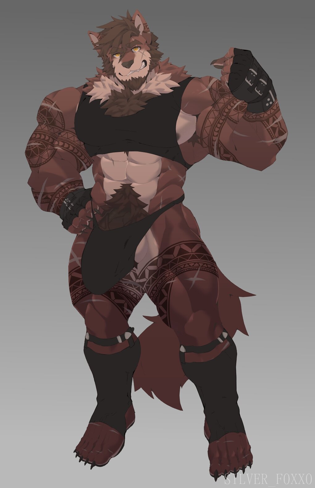 abs anthro arm_tattoo balls biceps bulge canid canine canis claws clothing genitals hi_res leg_tattoo male mammal muscular muscular_anthro muscular_male penis pubes silver_foxxo solo tattoo thigh_tattoo thong underwear vein veiny_penis vlad_seriff wolf