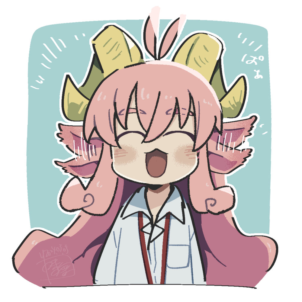 1girl ^_^ afterimage animal_ears antenna_hair blue_background chibi closed_eyes collared_shirt curly_hair facing_viewer flapping_ears fuyumiso horns long_hair long_sleeves open_mouth original pink_hair sheep_ears sheep_girl sheep_horns shirt short_sleeves sidelocks solo suima_(fuyumiso) upper_body white_shirt yellow_horns