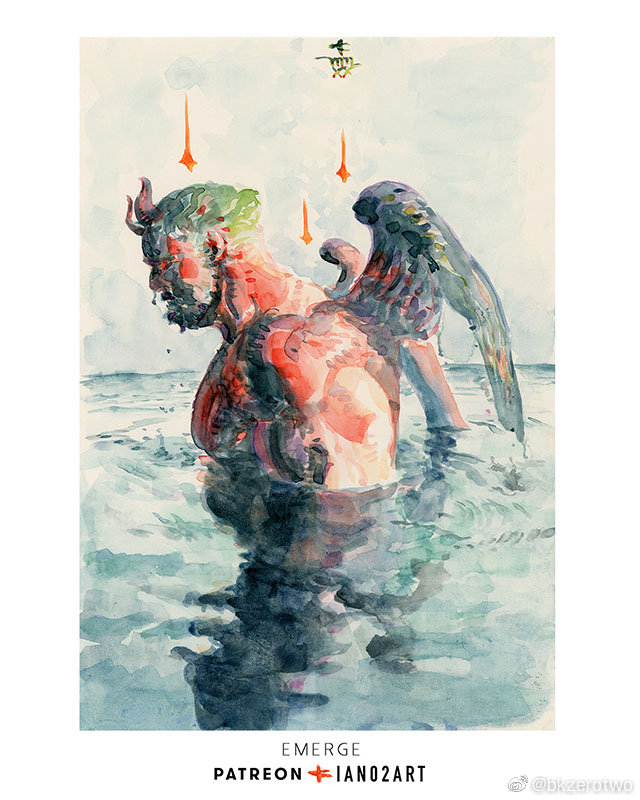 1boy bara beard bk_zerotwo demon_boy demon_horns demon_wings facial_hair feathered_wings from_side full_beard horns large_pectorals male_focus mature_male muscular muscular_male original painterly partially_submerged pectorals profile reflection reflective_water solo thick_eyebrows wings