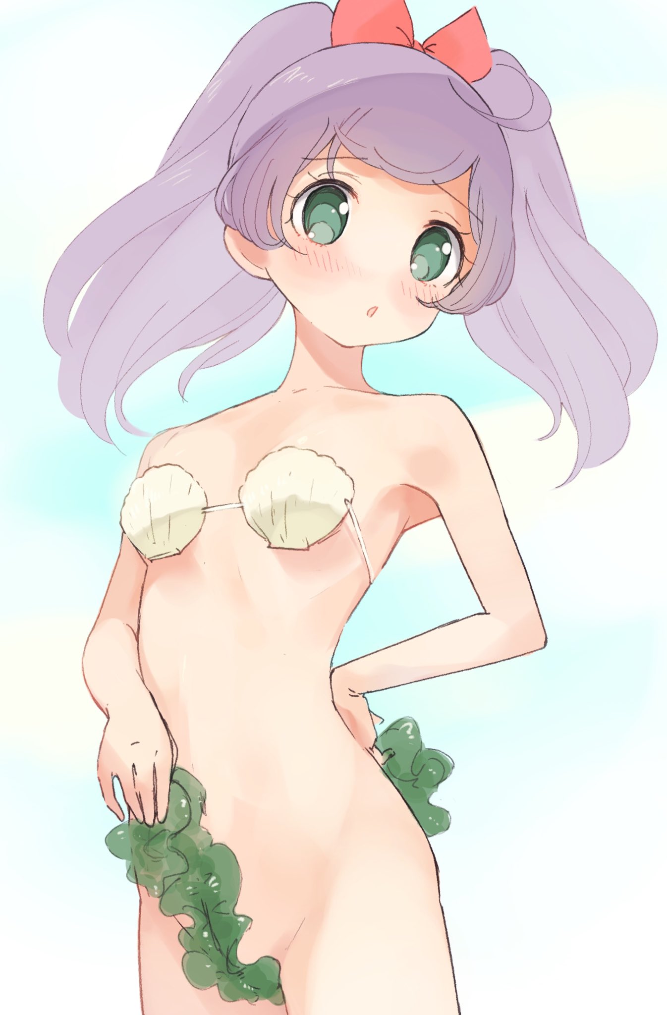 1girl aged_up ahoge bare_arms bare_shoulders bikini bikini_top_only blush bottomless bow breasts commentary covering_crotch covering_privates cowboy_shot green_eyes hair_bow highres hyakumangoku_masurao looking_at_viewer manaka_laala medium_hair parted_lips pretty_series pripara purple_hair red_bow seashell seaweed shell shell_bikini small_breasts solo standing swimsuit twintails