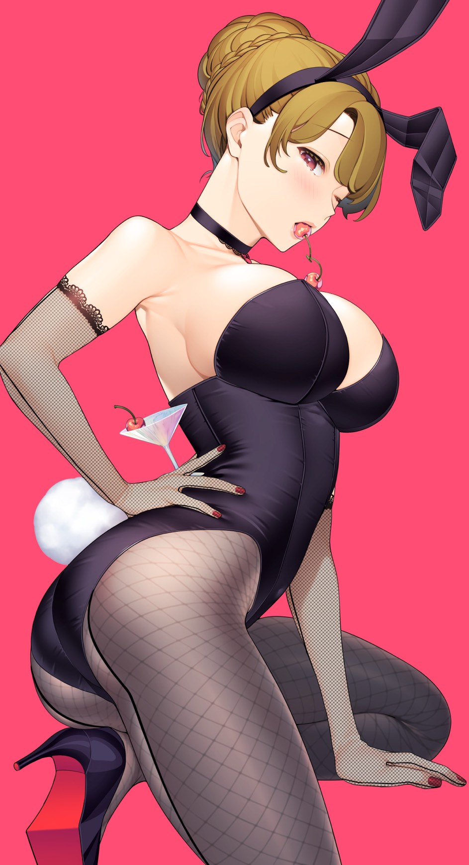 1girl animal_ears armpits black_clothes black_footwear braid braided_bun breasts brown_hair bunny_ears bunny_tail cherry choker cocktail_glass cup drinking_glass elbow_gloves fishnet_gloves fishnet_legwear fishnets food food_in_mouth fruit giuniu gloves hair_bun hand_on_hip high_heels highres lace lace_trim large_breasts light_brown_hair mouth_hold musume_janakute_mama_ga_suki_nano!? nail_polish official_art one_eye_closed one_knee open_mouth pantyhose playboy_bunny purple_eyes red_background red_nails shoes sideboob simple_background tail