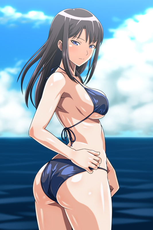 1girl anime_coloring ass bikini black_bikini black_hair blue_bikini blue_eyes blue_sky breasts closed_mouth cloud commentary_request cowboy_shot day from_behind halterneck hand_on_own_hip horizon large_breasts long_hair looking_at_viewer looking_back medium_breasts monteriakitto ocean original outdoors panties shiny_skin sideboob sidelocks sky smile solo standing swimsuit underwear