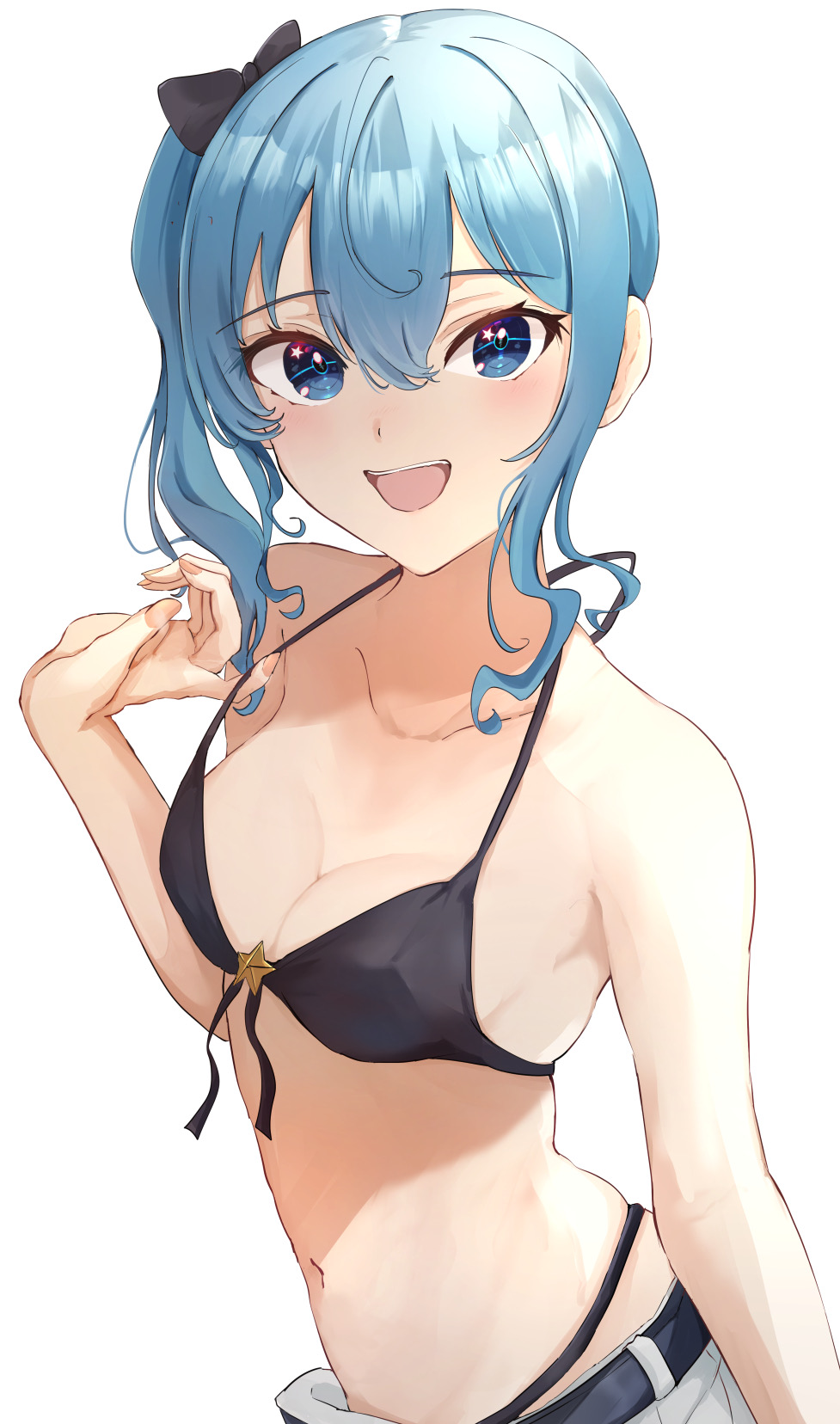 1girl :d bare_arms belt bikini bikini_under_clothes black_belt black_bikini black_bow blue_eyes blue_hair bow breasts cleavage collarbone front-tie_bikini_top front-tie_top hair_between_eyes hair_bow halterneck highres hololive hoshimachi_suisei looking_at_viewer medium_breasts navel no_shirt open_mouth sasai_tuki shorts side_ponytail simple_background smile solo strap_gap string_bikini swimsuit upper_body virtual_youtuber white_background