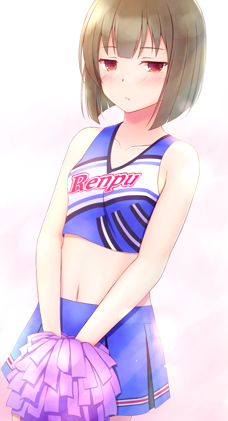 1girl ban_tsugumi blue_shirt blue_skirt blush bob_cut breasts cheerleader closed_mouth collarbone commentary_request frown green_hair highres holding holding_pom_poms looking_at_viewer midriff natsu_(927013) navel pom_pom_(cheerleading) red_eyes shirt skirt small_breasts solo standing toji_no_miko upper_body white_background