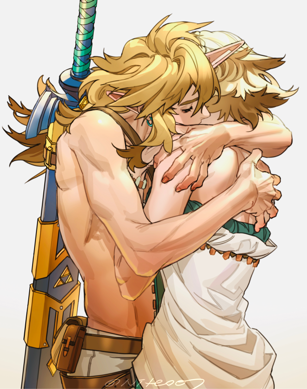 1boy 1girl bare_shoulders belt belt_pouch biting blonde_hair blush braid closed_eyes covered_face crown_braid dress earrings eyelashes fingernails from_side hand_on_another's_back hand_on_another's_shoulder hetero hug jewelry link long_hair master_sword niteo07 pointy_ears pouch princess_zelda profile sheath sheathed simple_background strapless strapless_dress sword sword_on_back the_legend_of_zelda the_legend_of_zelda:_breath_of_the_wild toned topless_male twitter_username upper_body weapon weapon_on_back white_background white_dress