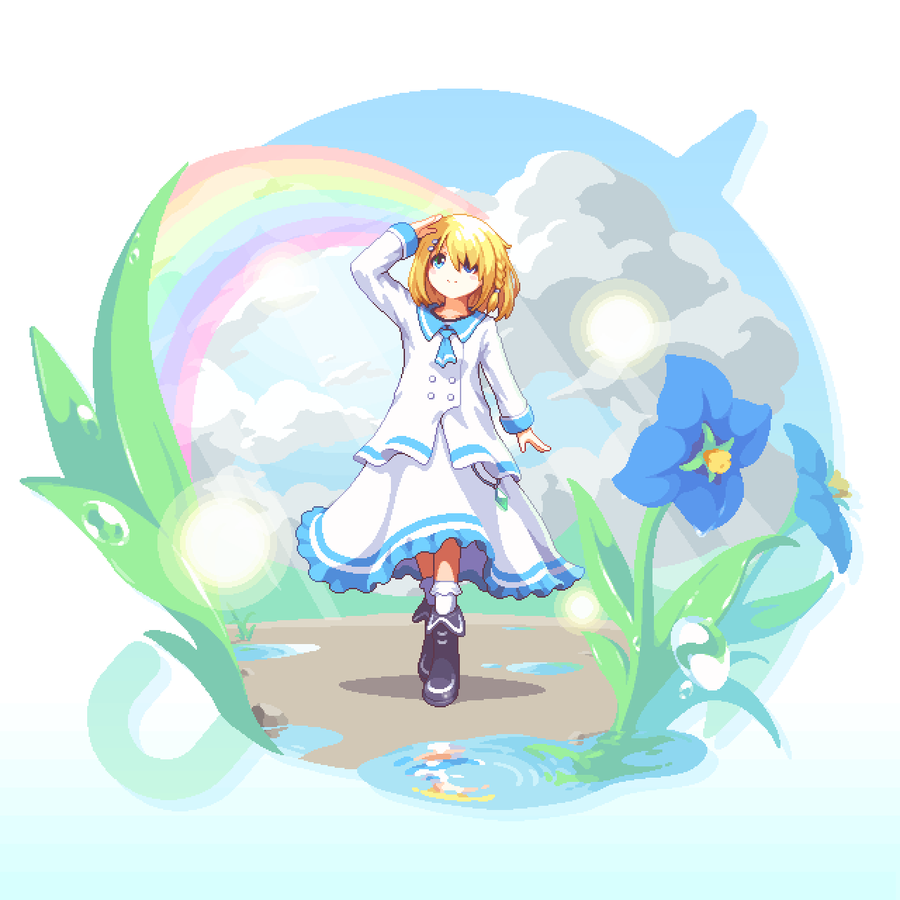 1girl after_rain ankle_socks arm_up ascot blonde_hair blue_eyes blue_flower blue_sky blue_trim blush_stickers braid cloud day flower frilled_skirt frills full_body highres lens_flare long_skirt long_sleeves medium_hair original outdoors pixel_art plant puddle rainbow ripples sailor_collar sailor_shirt shirt shoes skirt sky smile socks solo standing takemoto1224 umbrella water water_drop white_shirt white_skirt