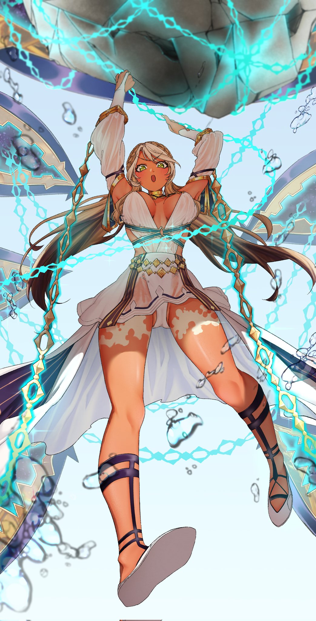 1girl andromeda_(fate) andromeda_(first_ascension)_(fate) armlet arms_up bare_shoulders belly_chain blonde_hair braid breasts chain collar crown_braid cuffs dark-skinned_female dark_skin detached_sleeves dress fate/grand_order fate_(series) full_body gold_choker green_eyes hair_ornament highres hiyayaako jaws jewelry large_breasts long_hair looking_at_viewer low_twintails metal_collar multicolored_hair shackles smile solo twintails two-tone_hair white_footwear white_hair yellow_wrist_cuffs