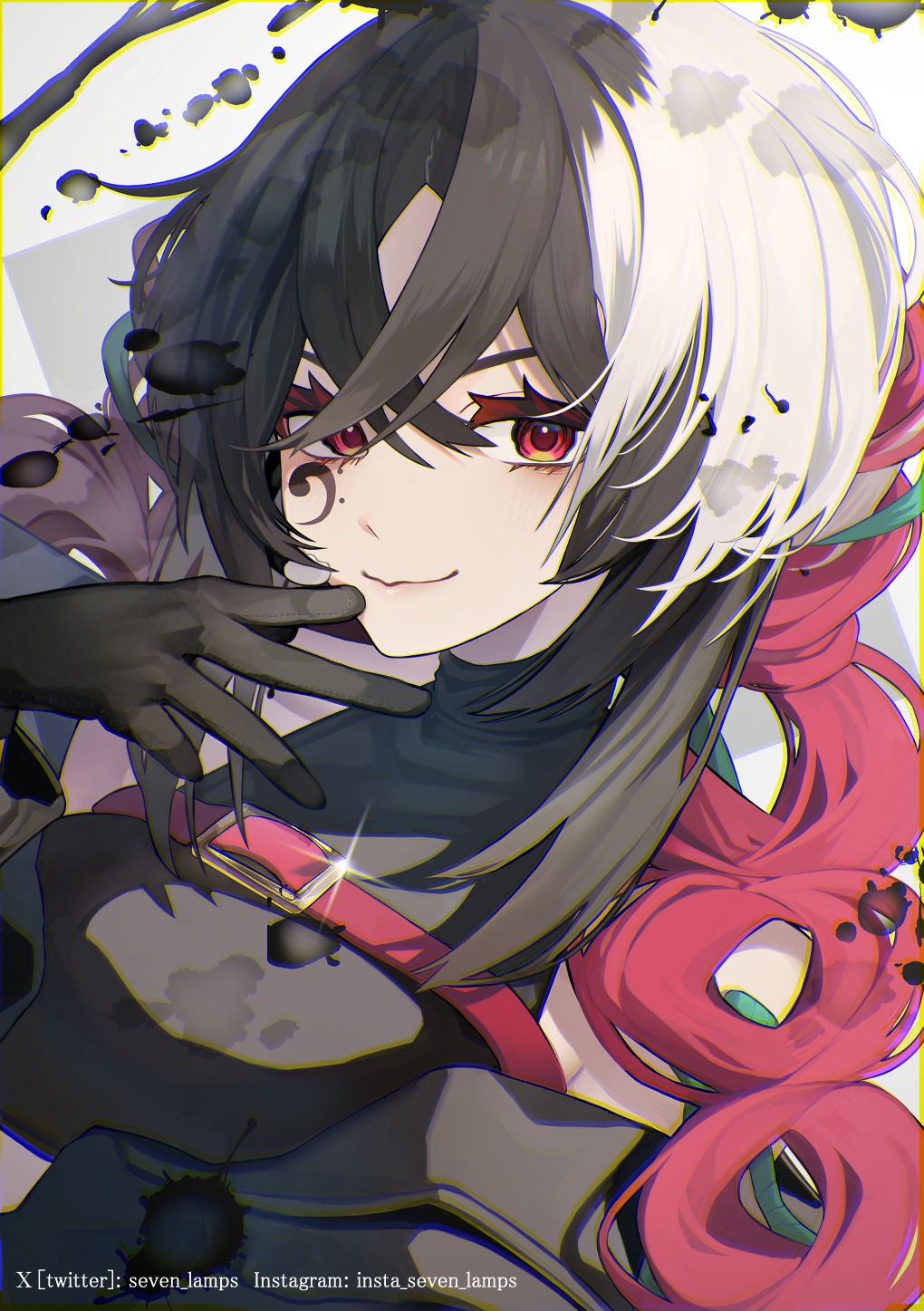 1girl bare_shoulders bass_clef belt black_gloves black_hair black_jacket black_shirt braid chromatic_aberration closed_mouth facial_tattoo fuiro gloves highres instagram_username jacket looking_at_viewer multicolored_hair nanahi_tsubaki open_clothes open_jacket paint_splatter red_belt red_eyes red_hair shirt sidelocks sleeveless sleeveless_shirt smile tattoo twin_braids twitter_username upper_body vocaloid white_background white_hair