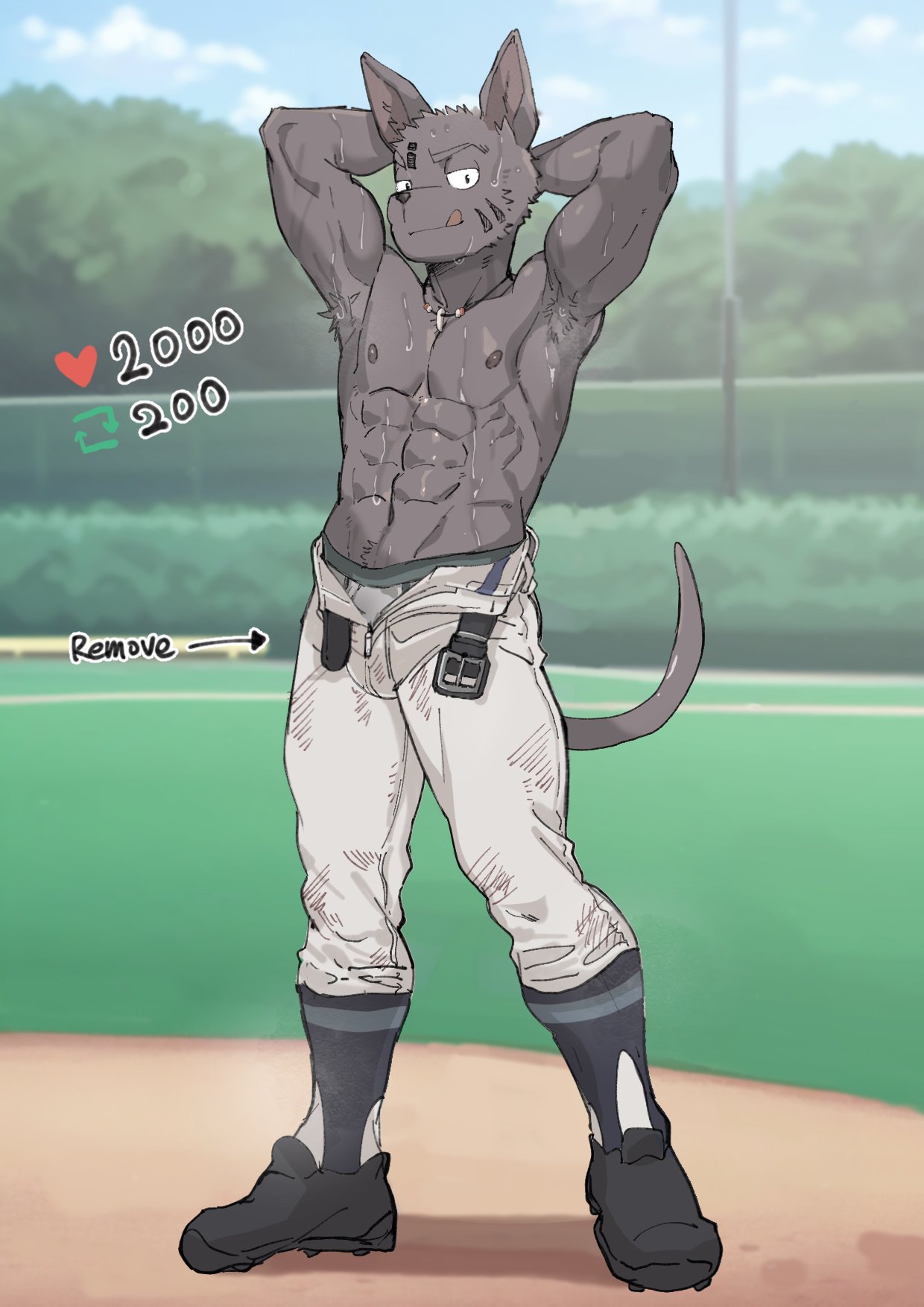 abs anthro armpit_hair biceps bodily_fluids body_hair canid canine canis clothed clothing domestic_dog hands_behind_head hi_res ken_(leeksaltboy) leeksaltboy male mammal muscular muscular_male musk solo strip_meme sweat tongue tongue_out topless