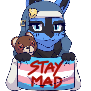 anthro ariixon bridget_(guilty_gear) canid canine female flag generation_4_pokemon holding_flag holding_object j0lt lgbt_pride low_res lucario makeup mammal mascara nintendo plushie pokemon pokemon_(species) pride_colors solo teddy_bear trans_(lore) trans_woman_(lore) transgender_pride_colors