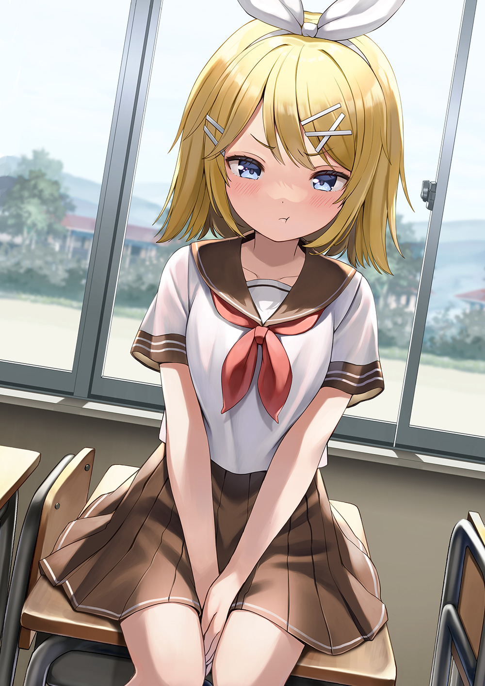 1girl :t alternate_costume bangs banned_artist blonde_hair blue_eyes blush bow brown_sailor_collar brown_skirt day desk hair_bow hair_ornament hairclip highres indoors kagamine_rin neckerchief pleated_skirt pout red_neckwear sailor_collar school_desk school_uniform serafuku short_hair short_sleeves sitting skirt solo vocaloid white_bow window yuuka_nonoko