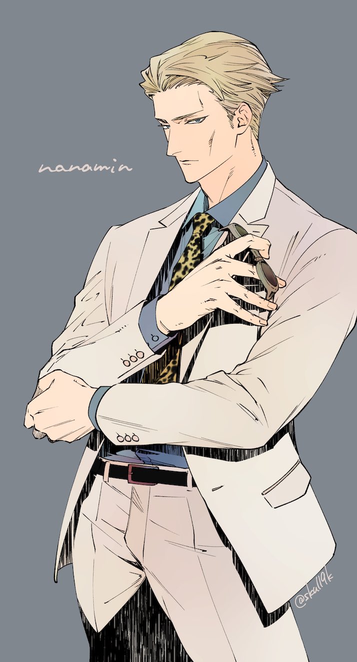 1boy alternate_eye_color animal_print belt black_belt blonde_hair blue_eyes blue_shirt character_name collared_shirt cowboy_shot goggles grey_background grey_pants grey_suit highres holding holding_goggles jacket jujutsu_kaisen leopard_print male_focus nanami_kento necktie okamoto_k_munesumi pants shirt short_hair standing suit suit_jacket yellow_necktie