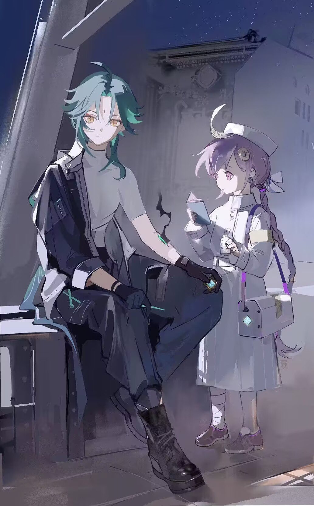 1boy 1girl alternate_costume bag black_footwear black_gloves bottle braid braided_ponytail closed_mouth dress facial_mark forehead_mark genshin_impact gloves highres holding holding_bottle holding_notebook long_hair medium_hair night night_sky notebook outdoors platform_footwear purple_eyes purple_hair qingxin_gua_yu qiqi_(genshin_impact) shirt short_sleeves shoulder_bag single_off_shoulder sitting sky star_(sky) starry_sky white_dress white_shirt xiao_(genshin_impact) yellow_eyes