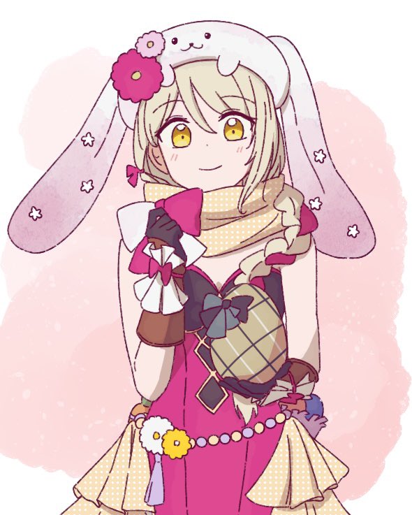 1girl animal_hat blonde_hair braid braided_ponytail expressive_clothes fire_emblem fire_emblem_engage fire_emblem_heroes framme_(fire_emblem) framme_(spring)_(fire_emblem) fukui hair_over_shoulder hat official_alternate_costume pelvic_curtain rabbit_hat scarf solo yellow_eyes yellow_scarf
