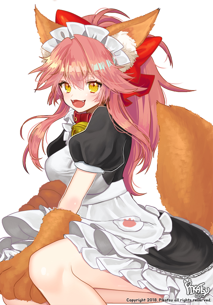1girl :d animal_collar animal_ear_fluff animal_ears animal_hands apron bell black_dress bow breasts collar commentary copyright_notice dress fangs fate/grand_order fate_(series) feet_out_of_frame fox_ears fox_tail frilled_dress frills gloves hair_between_eyes hair_bow jingle_bell long_hair looking_at_viewer maid maid_apron maid_headdress neck_bell on_ground open_mouth paw_gloves pikatsu pink_hair puffy_short_sleeves puffy_sleeves red_bow red_collar short_sleeves signature simple_background smile solo symbol-only_commentary tail tamamo_(fate) tamamo_cat_(fate) tamamo_cat_(second_ascension)_(fate) white_apron white_background yellow_eyes