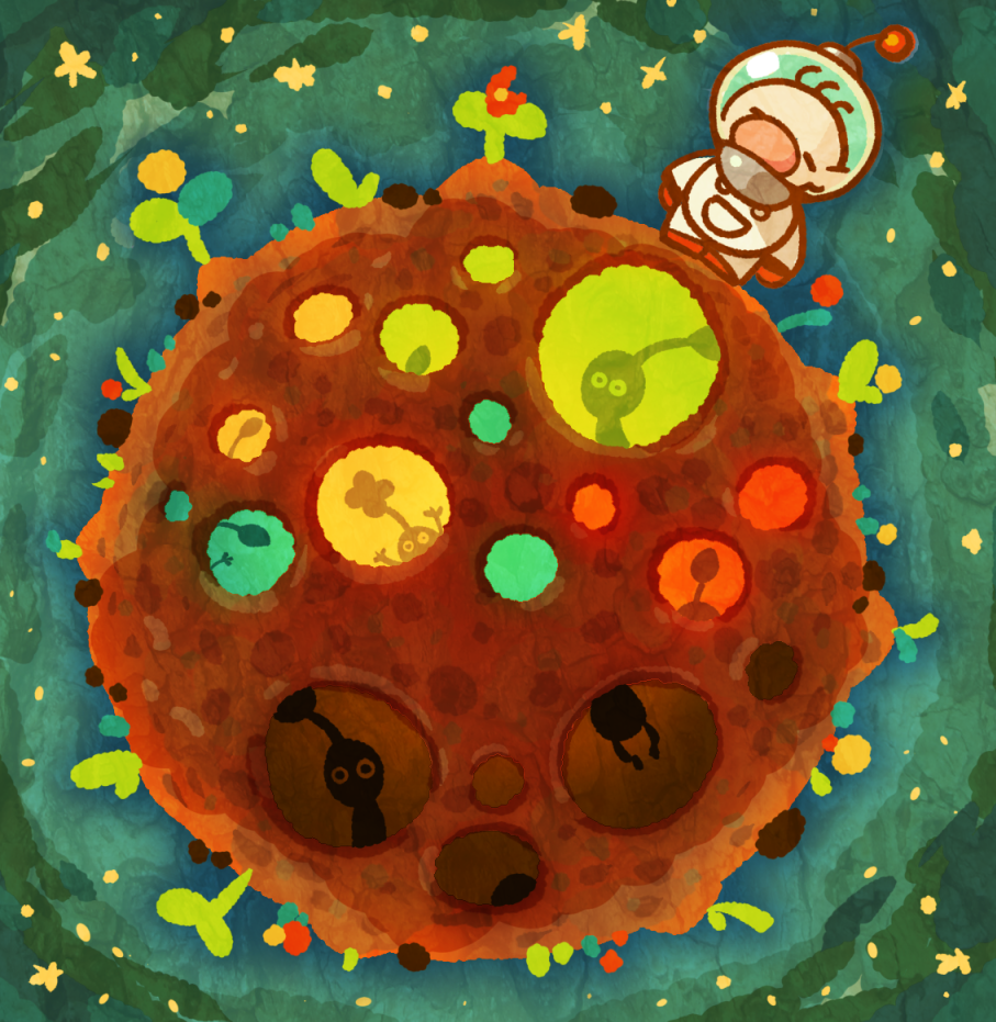 1boy arms_up big_nose brown_hair buttons closed_eyes commentary flower gloves helmet koda_kodachi leaf male_focus olimar pikmin_(creature) pikmin_(series) planet pointy_ears radio_antenna red_flower red_gloves short_hair space space_helmet spacesuit star_(sky) star_(symbol) very_short_hair