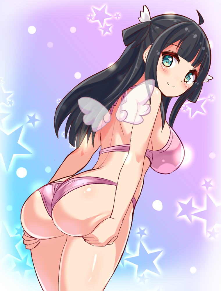 1girl amano_nene_(vtuber) angel_wings ass ass_support back bikini black_hair breasts closed_mouth commentary commission cougar_(cougar1404) cowboy_shot dutch_angle from_behind green_eyes halterneck large_breasts long_hair looking_at_viewer looking_back pink_bikini production_kawaii smile solo standing star_(symbol) starry_background swimsuit two_side_up virtual_youtuber wings