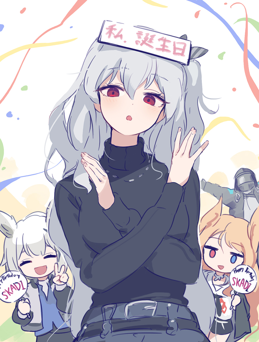1other 3girls :d :o archetto_(arknights) arknights asicah black_sweater blonde_hair blue_eyes blue_shirt commentary confetti doctor_(arknights) grani_(arknights) grey_hair hand_fan hands_up head_tilt heterochromia holding hood hooded_jacket jacket long_hair multiple_girls one_side_up open_clothes open_jacket open_mouth paper_fan red_eyes shirt skadi_(arknights) skadi_(the_next_afternoon_tea)_(arknights) smile sweater translation_request turtleneck turtleneck_sweater uchiwa v very_long_hair white_hair
