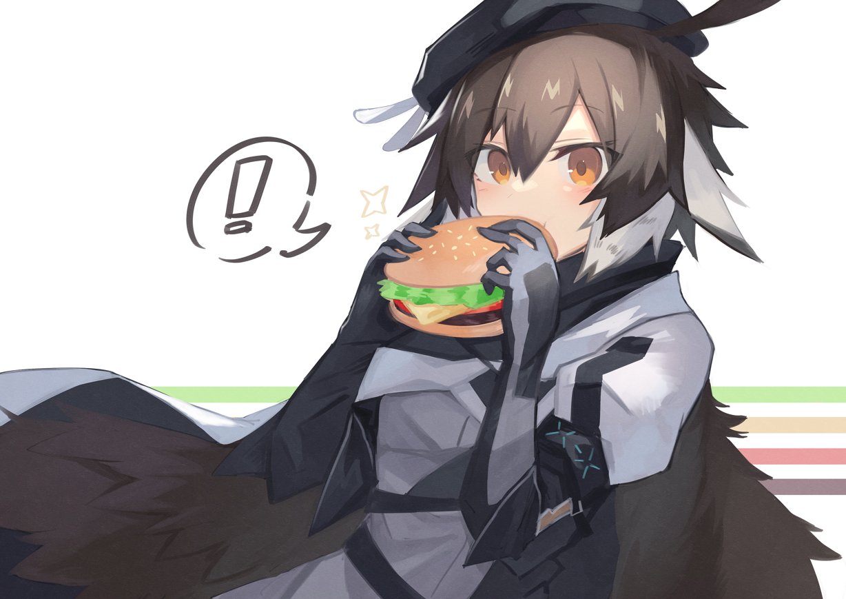 ! 1girl ahoge arknights beret black_gloves black_headwear brown_hair burger cloak cowboy_shot eating eyebrows_visible_through_hair feathers food gloves hat holding holding_food infection_monitor_(arknights) looking_at_viewer multicolored_hair plume_(arknights) sasa_onigiri short_hair simple_background solo sparkle spoken_exclamation_mark two-tone_hair white_background white_hair yellow_eyes