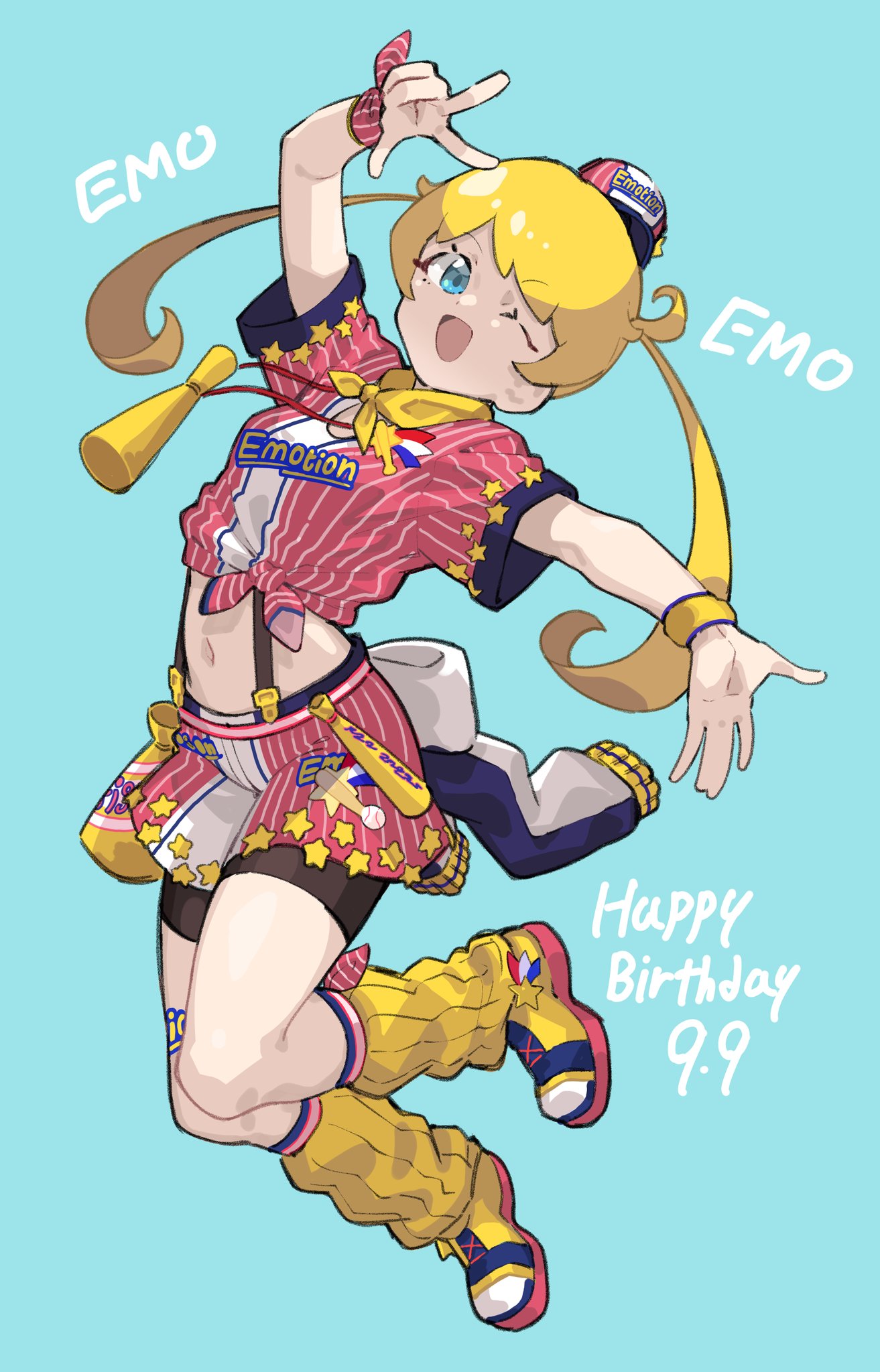 1girl ;d arm_up bike_shorts blonde_hair blue_background blue_eyes fugota6509 full_body happy_birthday hat highres kiratto_pri_chan leg_warmers long_hair looking_at_viewer midriff mini_hat moegi_emo one_eye_closed open_mouth pretty_series red_shirt red_shorts scarf shirt shoes short_sleeves shorts smile sneakers solo star_(symbol) star_print striped_clothes striped_shirt striped_shorts suspender_shorts suspenders twintails vertical-striped_clothes vertical-striped_shirt vertical-striped_shorts w wristband yellow_scarf