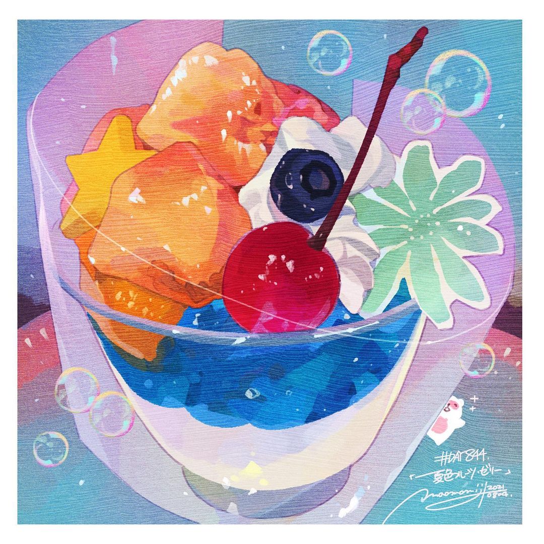 bad_source blue_background border bubble cherry commentary_request english_commentary food food_focus fruit glass mixed-language_commentary momiji_mao no_humans orange_(fruit) orange_slice original signature starfruit whipped_cream white_border