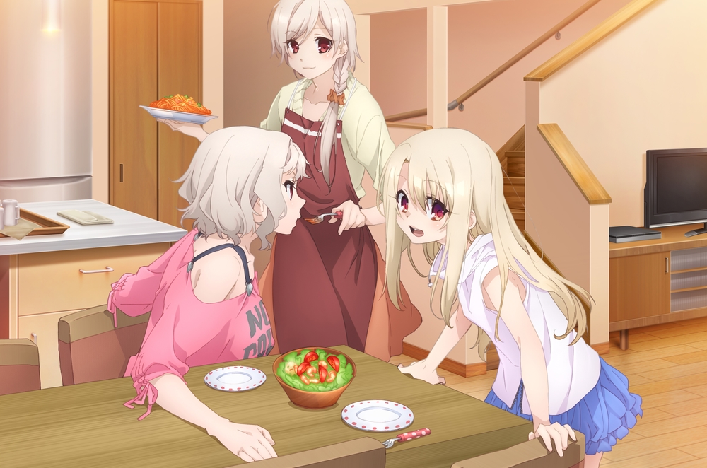 3girls apron bare_shoulders blonde_hair blue_skirt bowl braid breasts chair closed_mouth commentary_request fate/kaleid_liner_prisma_illya fate_(series) feeding flat_screen_tv floor food fork hair_between_eyes hair_over_shoulder holding holding_plate illyasviel_von_einzbern indoors large_breasts leysritt_(fate) living_room long_hair looking_at_viewer multiple_girls off-shoulder_shirt off_shoulder official_art open_mouth plate profile red_apron red_eyes salad sella_(fate) shirt short_hair sitting skirt sleeveless sleeveless_shirt smile stairs standing table teeth television textless_version type_moon-ace upper_teeth_only ushijima_nozomi white_hair white_shirt yellow_shirt