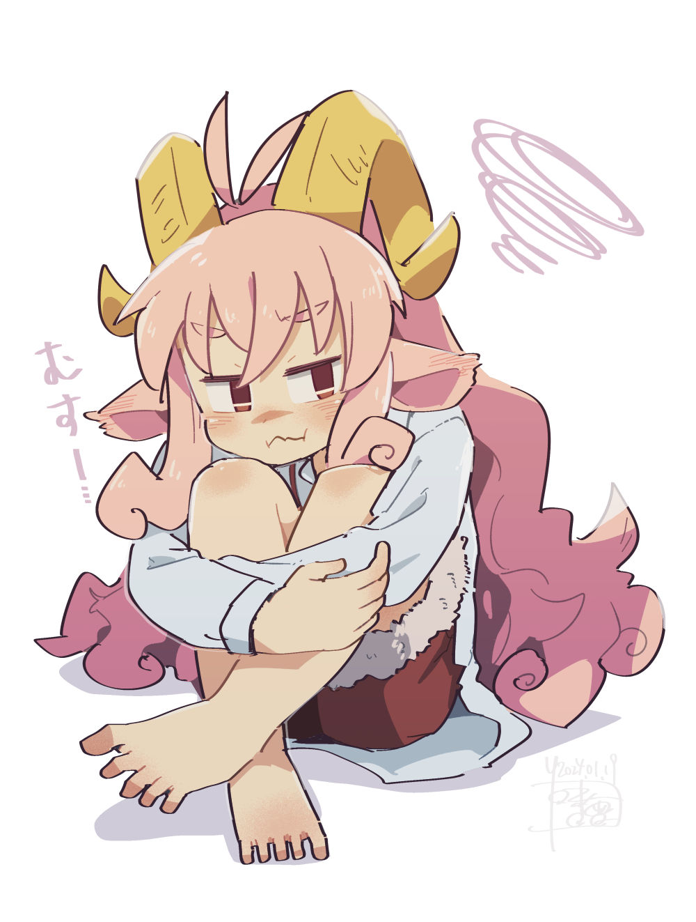 1girl :t animal_ears barefoot blush collared_shirt crossed_ankles curly_hair dated ear_blush full_body fur-trimmed_shorts fur_trim fuyumiso highres horns hugging_own_legs knees_up long_hair long_sleeves original pink_hair pout red_eyes red_shorts sheep_ears sheep_girl sheep_horns shirt short_sleeves shorts sidelocks sideways_glance simple_background sitting solo squiggle suima_(fuyumiso) very_long_hair white_background white_shirt yellow_horns
