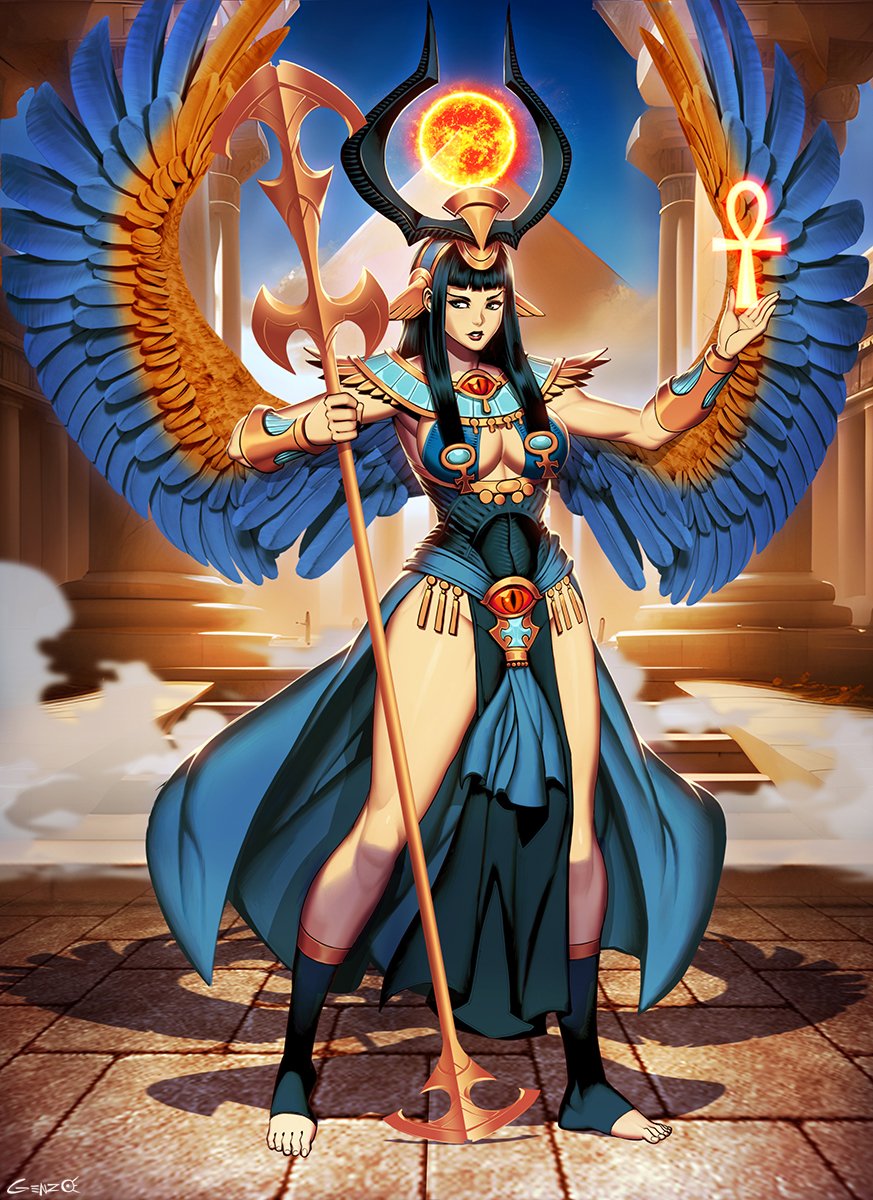 1girl above_cleavage_cutout bare_legs bird_wings black_hair black_horns blue_feathers card_game character_request cleavage_cutout clothing_cutout copyright_request egypt egyptian eye_symbol feathers genzoman highres holding holding_staff horns indoors jewelry long_bangs looking_to_the_side magic orange_feathers pyramid_(structure) shadow smoke solo spread_wings staff thick_thighs thighs tile_floor tiles toeless_legwear toenails wings