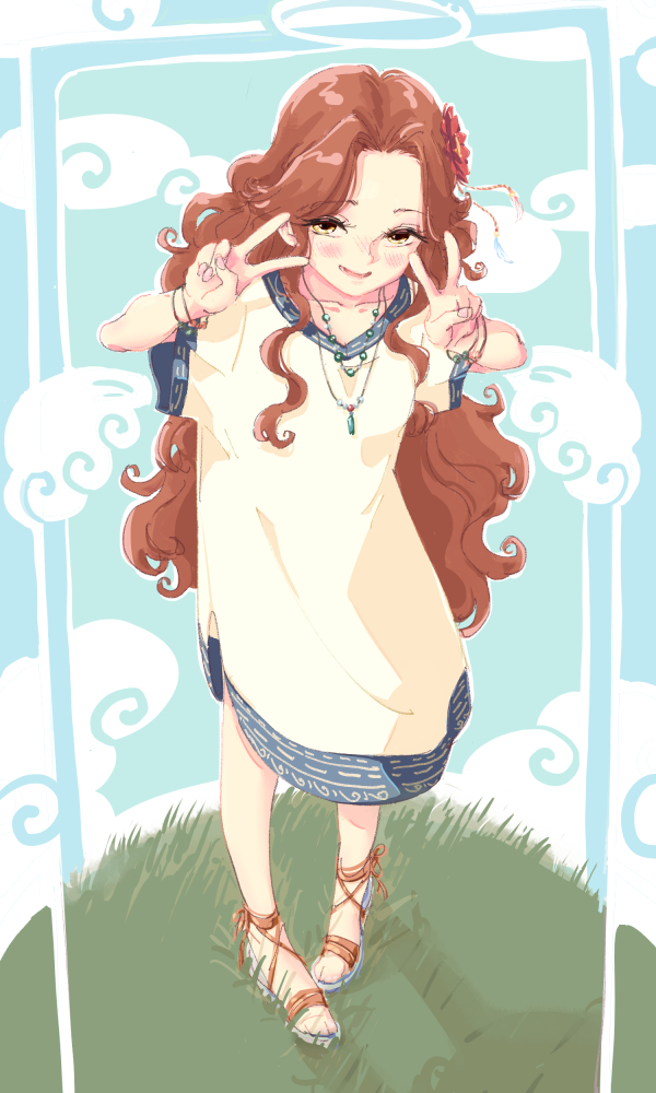 1girl ariura_kanna blue_background blue_border blush border brown_hair cloud curly_hair curtained_hair double_v drawn_wings dress flower full_body grass hair_flower hair_ornament half-closed_eyes hands_up idolmaster idolmaster_cinderella_girls imay3927 jewelry long_hair looking_at_viewer multiple_bracelets necklace no_socks open_mouth pendant red_flower sandals short_sleeves smile solo standing v white_dress yellow_eyes
