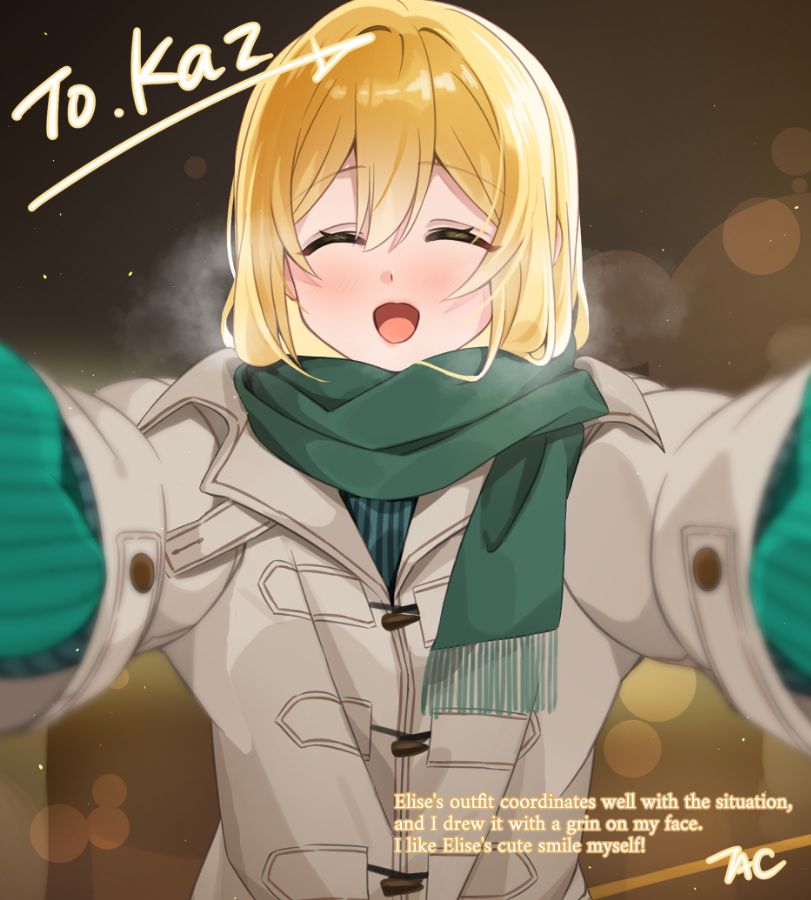 1girl blonde_hair blush closed_eyes coat commentary_request commission english_text green_mittens green_scarf green_sweater grey_coat hair_between_eyes happy long_hair long_sleeves mittens open_mouth original scarf skeb_commission solo sweater taku_pi tongue