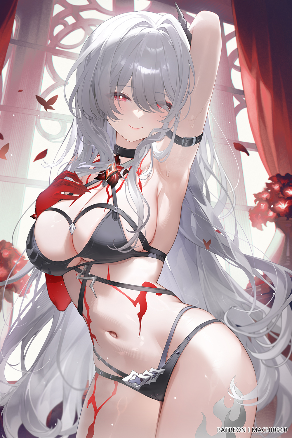 1girl acheron_(honkai:_star_rail) alternate_costume arm_belt arm_up armpits belt black_belt black_bra black_panties bra breasts cleavage closed_mouth colored_skin cowboy_shot curtains eyes_visible_through_hair flower grey_hair highres honkai:_star_rail honkai_(series) indoors large_breasts leg_tattoo light_particles long_hair machi_(7769) navel official_alternate_color panties patreon_username presenting_armpit red_eyes red_flower red_skin skindentation smile solo stomach tattoo thighs underwear