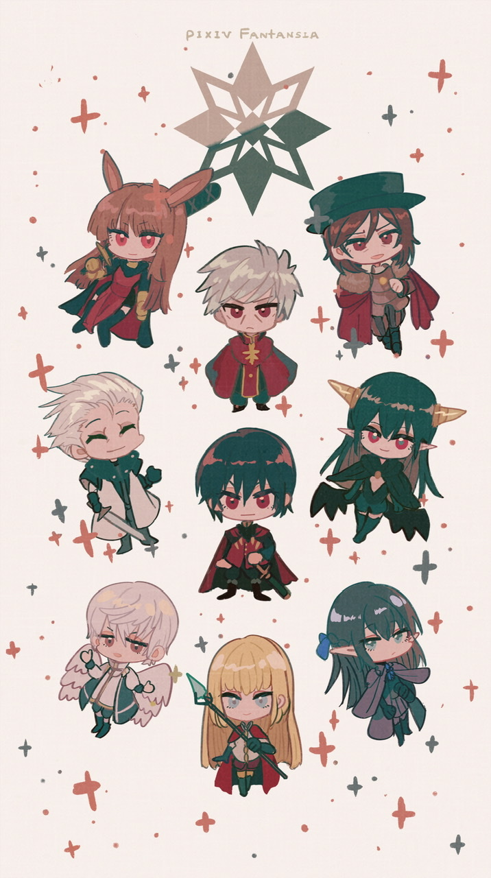 4boys 5girls ^_^ angel_wings animal_ears armor black_cape black_capelet black_cloak black_footwear black_gloves black_hair black_hat black_pants black_shirt black_wings blonde_hair blue_shorts blunt_bangs boots breastplate brown_footwear brown_hair brown_shirt brown_sleeves buttons cape capelet character_request chibi cleavage_cutout cloak closed_eyes closed_mouth clothing_cutout coat collar collared_coat colored_inner_hair copyright_name demon_horns demon_wings dress elbow_gloves everyone eyelashes frown full_body fur-trimmed_cape fur_trim gloves grey_hair hand_on_hilt high_collar highres holding holding_staff holding_sword holding_weapon horns juneliu927 long_dress long_hair miniskirt multicolored_hair multiple_boys multiple_girls open_clothes open_coat open_mouth over_shoulder pants pink_eyes pixiv_fantasia pixiv_fantasia_age_of_starlight pointy_ears purple_cloak rabbit_ears red_cape red_cloak red_dress red_skirt red_vest sheath sheathed shirt shoes short_hair shorts simple_background skirt sleeveless sleeveless_coat smile sparkle staff sword thigh_boots two-sided_cape two-sided_fabric very_long_hair vest weapon weapon_over_shoulder white_background white_coat white_collar white_shirt white_wings wings wrinkled_skin yellow_horns