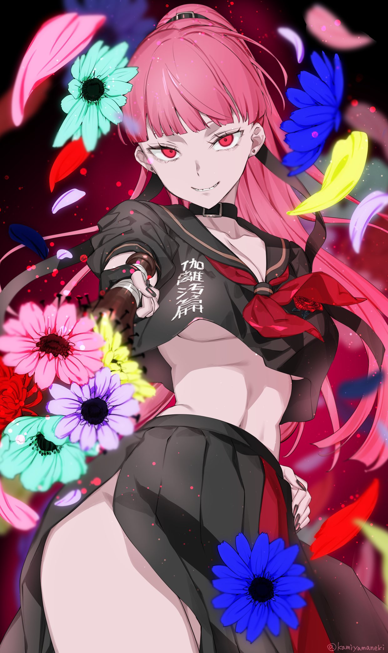 1girl baseball_bat black_nails black_ribbon breasts fingerless_gloves flower gloves high_ponytail highres hololive hololive_english kamiya_maneki looking_at_viewer mori_calliope pink_hair pointing_weapon ponytail red_eyes ribbon school_uniform single_glove solo underboob