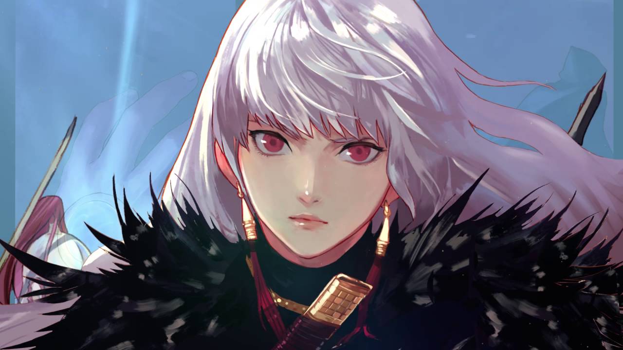 angry coat dungeon_and_fighter earrings female_slayer_(dungeon_and_fighter) fur-trimmed_coat fur_trim grey_hair jewelry long_hair looking_at_viewer non-web_source official_art red_eyes