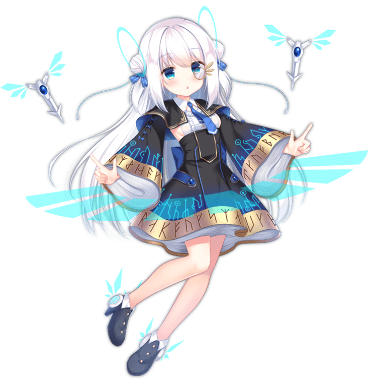 1girl ark_order arms_at_sides black_dress black_footwear blue_eyes blue_necktie boots breasts cable center_frills circuit_board_print cthulhu_mythos dress energy_wings floating frills full_body gold_trim hologram ikataruto index_finger_raised long_hair long_sleeves looking_at_viewer monocle necktie official_art runes sideboob sidelocks solo tachi-e transparent_background two_side_up very_long_hair white_hair wide_sleeves winged_footwear yith_(ark_order)