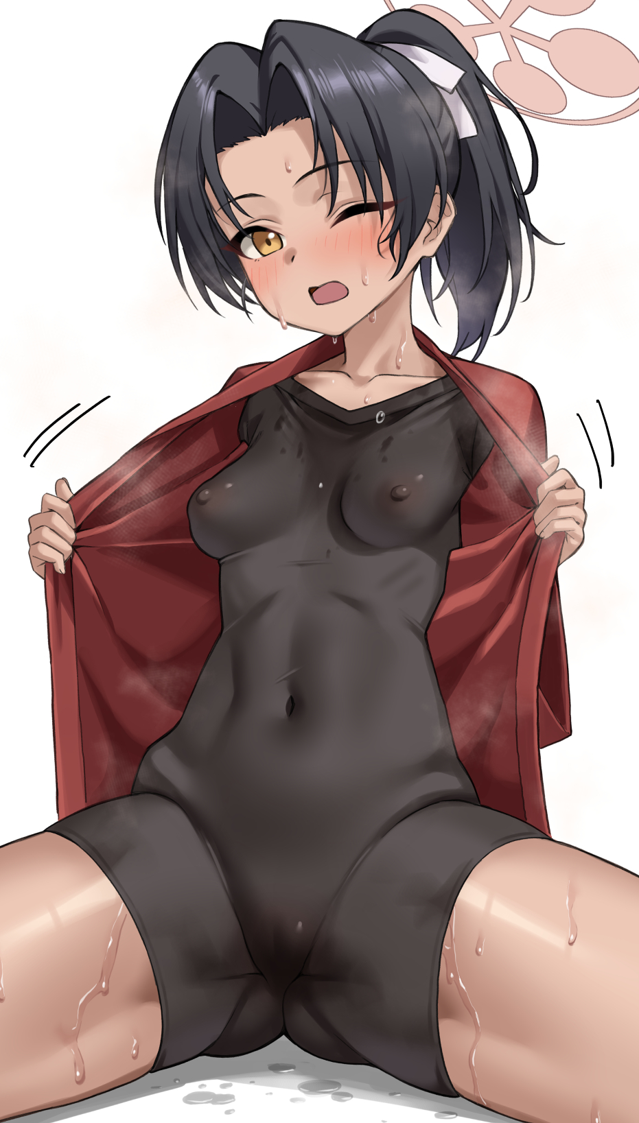 1girl ;o black_hair black_leotard blue_archive blush breasts commentary_request covered_navel covered_nipples dark-skinned_female dark_skin from_below hair_ribbon halo hands_up highres hot jacket kumamiya leotard looking_at_viewer looking_down medium_hair one_eye_closed open_clothes open_jacket pink_halo ponytail red_jacket ribbon rickshaw_student_(blue_archive) see-through skin_tight small_breasts solo spread_legs sweat thighs wet_leotard white_ribbon yellow_eyes
