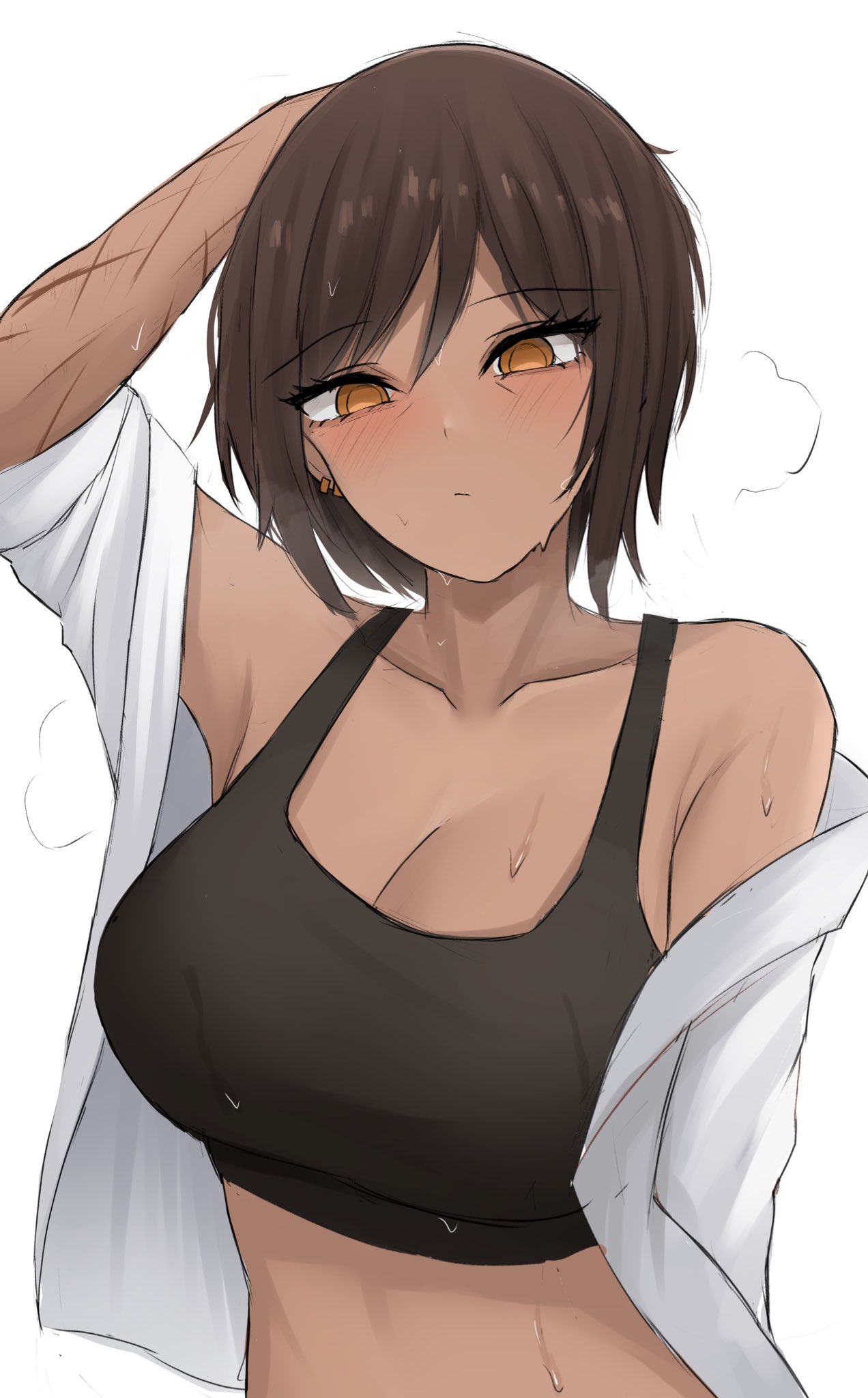 1girl arm_up black_bra bra breasts brown_eyes brown_hair cleavage cowboy_shot dark_skin dress_shirt expressionless hand_on_own_head highres light_brown_hair limbus_company looking_at_viewer medium_hair namikare off_shoulder open_clothes outis_(project_moon) project_moon scar shirt solo sports_bra sweat underwear white_background white_shirt