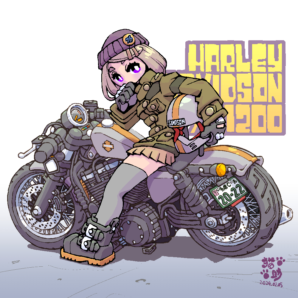 1girl beanie blonde_hair boots full_body harley_davidson hat helmet jacket looking_to_the_side motor_vehicle motorcycle motorcycle_helmet necosuke on_motorcycle original pleated_skirt purple_eyes skirt solo thighhighs