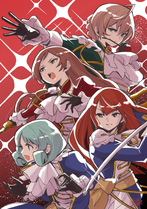 4girls ahoge aiguillette braid brown_hair curly_hair dot_nose epaulettes eyelashes flower frilled_jacket frilled_sleeves frills gradient_background green_eyes green_hair hair_between_eyes idolmaster idolmaster_million_live! idolmaster_million_live!_theater_days jacket kitazawa_shiho long_hair military_uniform mitogawawataru mouth_hold multiple_girls official_alternate_costume open_hand open_mouth outstretched_arm parted_bangs red_background red_eyes red_flower red_hair red_rose rose saber_(weapon) sakuramori_kaori short_hair sidelocks signature sparkle straight_hair sword tanaka_kotoha teeth tokugawa_matsuri uniform upper_teeth_only v-shaped_eyebrows weapon yellow_eyes