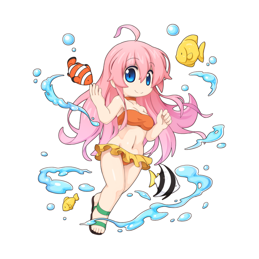 1girl ahoge bandeau bikini black_footwear blue_eyes breasts bubble chibi choker closed_mouth fish full_body goldfish long_hair looking_at_viewer medium_breasts navel official_art orange_bandeau orange_bikini orange_choker pink_hair ragnarok_online sandals simple_background smile solo split_mouth swimsuit transparent_background yuichirou