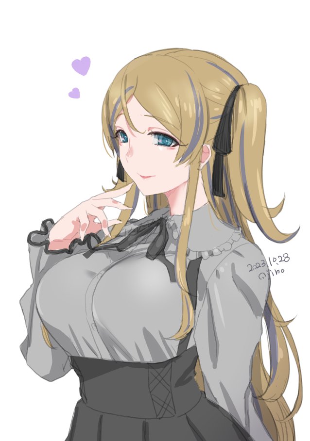 1girl ahoge ajino_(sakanahen) alternate_hairstyle black_bow black_bowtie black_ribbon black_skirt blonde_hair blue_eyes blush bow bowtie breasts closed_mouth dated frilled_shirt frills from_side grey_hair grey_shirt hair_bow hair_ribbon hand_up heart idolmaster idolmaster_million_live! idolmaster_million_live!_theater_days jirai_kei large_breasts long_hair long_sleeves looking_at_viewer multicolored_hair ribbon shinomiya_karen shirt signature simple_background skirt smile solo streaked_hair suspender_skirt suspenders twintails upper_body very_long_hair white_background