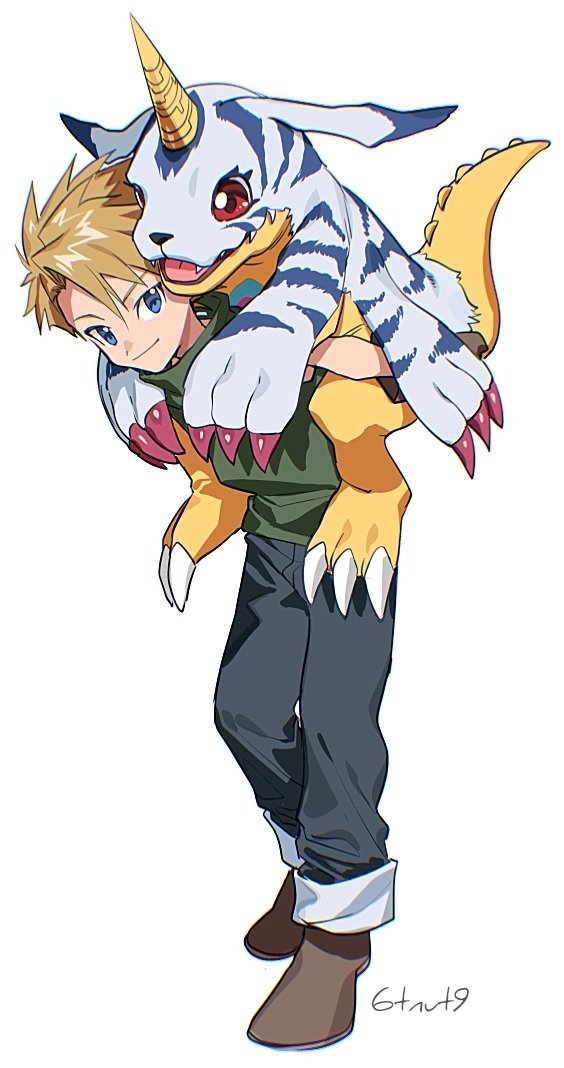 1boy 6tnut9 artist_name blonde_hair blue_eyes blue_pants brown_gloves carrying claws coat colored_skin digimon digimon_adventure fur_coat gabumon gloves green_shirt horns ishida_yamato pants piggyback reptile shirt short_hair simple_background single_horn sleeveless sleeveless_shirt spiked_hair white_background yellow_skin