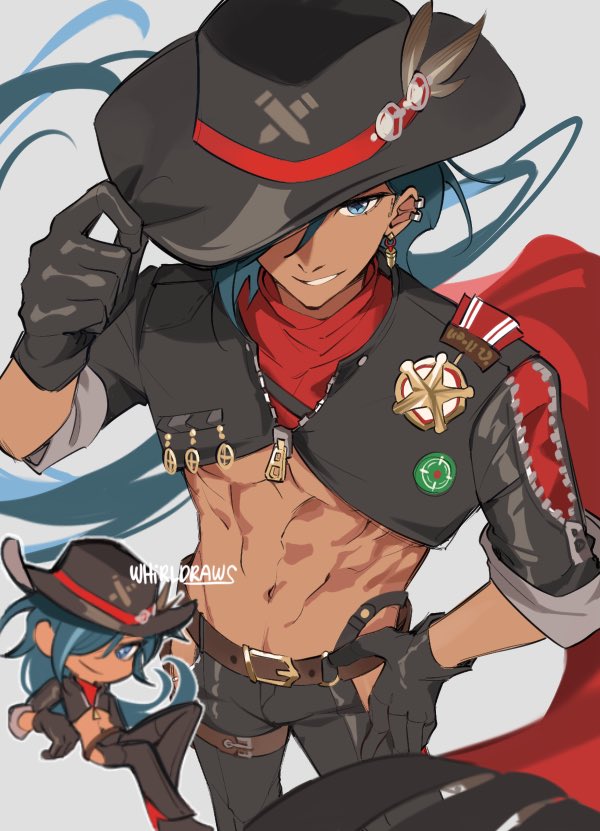 1boy arm_up artist_name belt blue_eyes blue_hair boothill_(honkai:_star_rail) boothill_(honkai:_star_rail)_(cosplay) chibi chibi_inset closed_mouth cosplay cowboy_hat crop_top cropped_jacket dark-skinned_male dark_skin ear_piercing genshin_impact gloves hair_over_one_eye hand_on_headwear hand_on_own_hip hat hip_vent honkai:_star_rail honkai_(series) jacket kaeya_(genshin_impact) long_hair looking_at_viewer male_focus multiple_views navel pants parted_lips piercing red_scarf revealing_clothes scarf smile stomach toned toned_male very_long_hair whirldraws zipper zipper_pull_tab